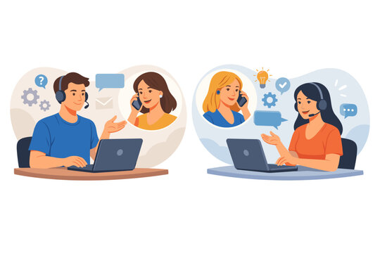 Set of two vector illustrations of customer care service agents. A man and a woman wearing headsets talk to clients on the phone while using laptops for technical support and online assistance.