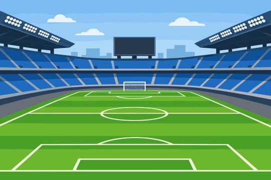 Large empty soccer stadium arena with green grass field, white markings, goal post, blue seating tiers, scoreboard, and bright stadium lights under a clear blue sky, flat vector illustration.
