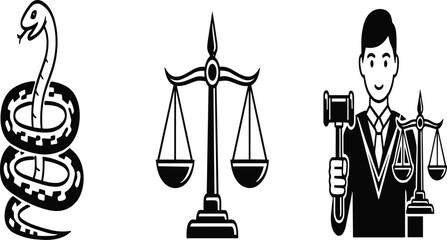 Fototapeta premium Legal System Icon Set with Justice Scales, Judge with Gavel, and Snake Symbol for Law Firm Branding, Courtroom Concepts, and Advocacy Designs