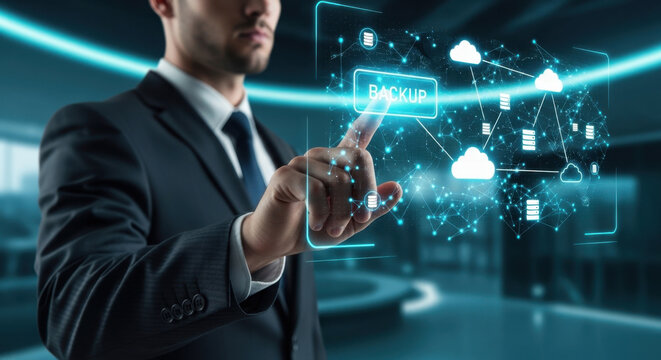 Backup, Businessman hand touching the global networking and secure data backup solutions that protect critical information, ensure disaster recovery, and maintain operational continuity