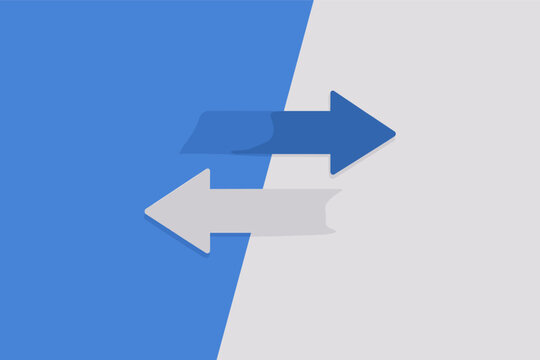 Two Opposite Horizontal Arrows on Split Blue and White Background for Exchange, Transfer, Logistics, Finance, Trade, Data Synchronization, and Business Transaction Concept Vector Illustration