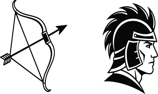 Ancient Greek Spartan Warrior and Archery Bow with Arrow Vector Set for Sports Team Mascots, Tactical Logos, History Education, and Mythological Graphic Designs