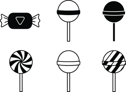 Lollipop and Hard Candy Vector Icon Set with Swirl and Striped Patterns for Sweet Shop Branding, Dessert Menu Design, and Birthday Party Graphics