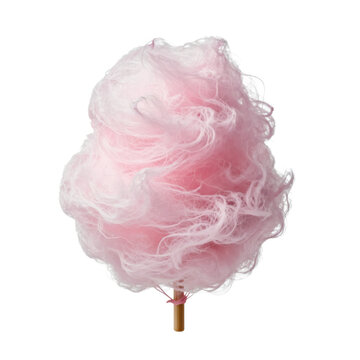 Fluffy cotton candy on a wooden stick isolated on white background, studio shot