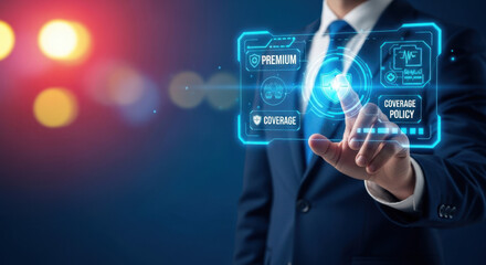 Fototapeta premium Businessman pointing at health insurance technology on futuristic digital interface screen, medical coverage plan, risk management system, digital healthcare policy concept