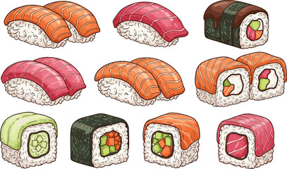 Sushi Icon Set with Nigiri and Maki Rolls Featuring Salmon Tuna Avocado Japanese Food Collection for Menu Design © MstRanzina