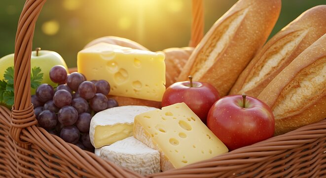 Picnic basket filled with bread cheese fruits outdoors daylight concept