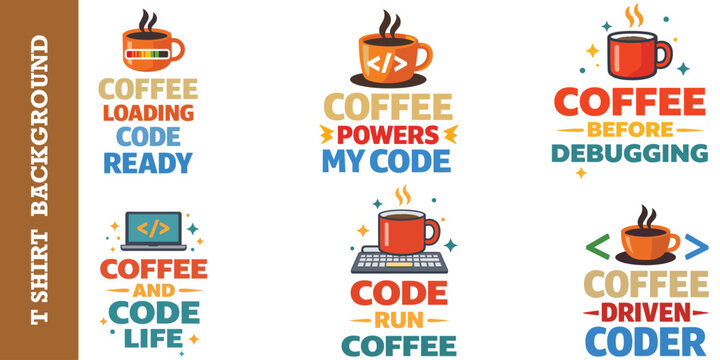 Coffee and coding t-shirt graphics featuring various mug designs and programmer phrases.