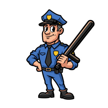 Cartoon Police Officer Character Illustration with Baton and Uniform.