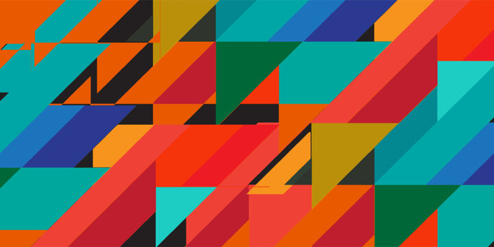Abstract geometric background with colorful overlapping triangles and diagonal lines.
