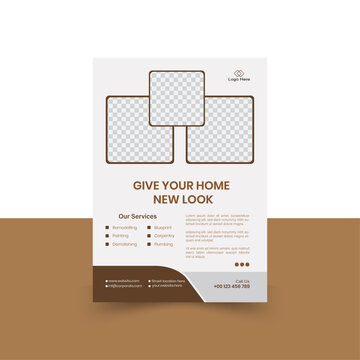 Modern home renovation and interior design A4 flyer template.