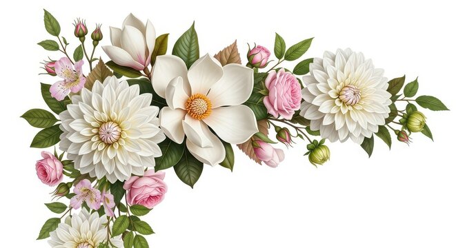 Beautiful floral arrangement features delicate white dahlias and soft pink roses on a clean white background.
