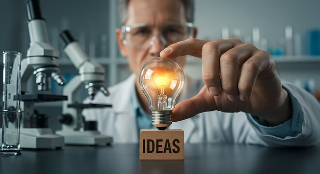 Scientist holds lit lightbulb illustrating ideas concept in laboratory setting