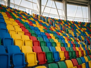Naklejka premium Rows of colorful stadium seats in blue, yellow, red, and green arranged in a repeating pattern.