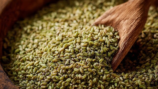 Raw green freekeh grains with wooden scoop, healthy ancient superfood close-up