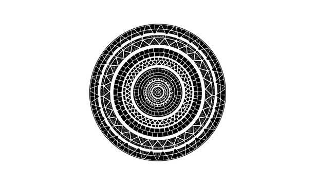 Layered mosaic mandala with concentric geometric rings black and white vector background