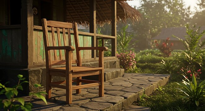 Wooden chair on a stone path beside a house with lush green vegetation