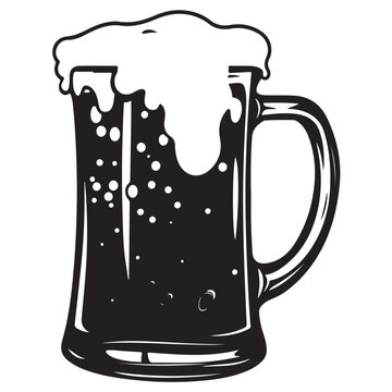 Hand Drawn Beer Mug with Bubbles, Black and White Line Art, Vintage, beer, beverage