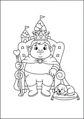 Fototapeta premium Kind king on throne with puppy coloring page for kids