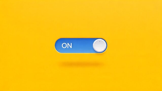 A blue toggle switch with the word ON in white text is turned on against a bright yellow background