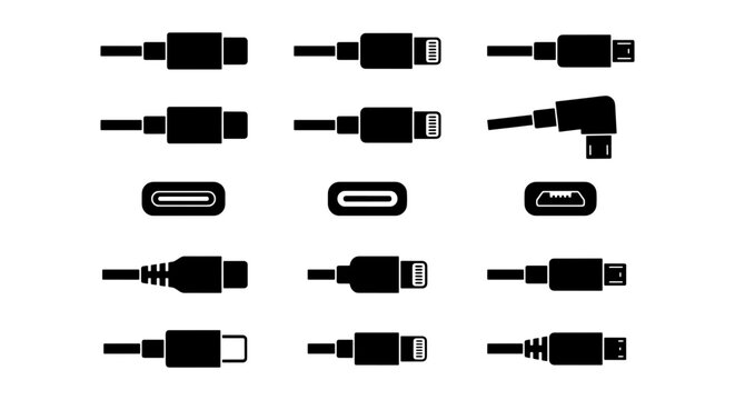 USB C, Lightning, Micro USB Connectors Set, Technology Data Cables Icons, Digital Power Adapters
