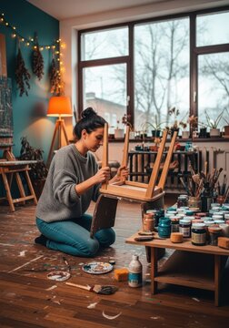 Young woman restores a wooden chair in her  .
