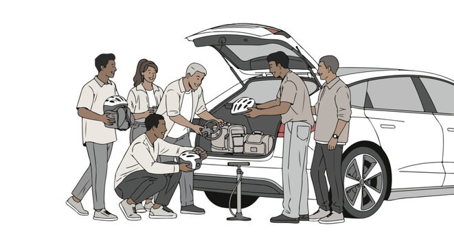 Diverse group of people loading bicycles and gear into the trunk of a car for a cycling trip or adventure.