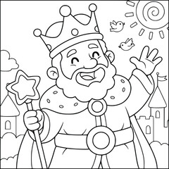 Fototapeta premium Cheerful king waving with magic star wand coloring page