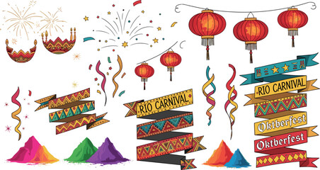 Fototapeta premium Festival Decorative Elements Set with Lanterns Fireworks Carnival Ribbons Banners Color Powder Celebration Vector Illustration Collection