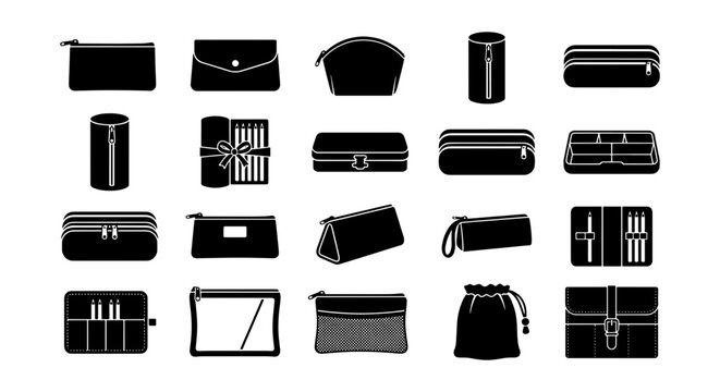 Cosmetic Bags, Pouches, and Cases Vector Icons Set: Makeup, Toiletry, Pencil Organizer Styles