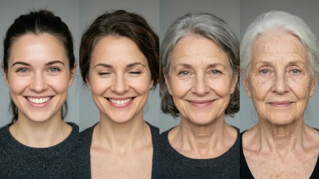 Woman's face ages, expressions evolving in a studio