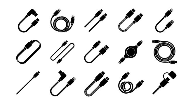 Network Cables and Connectors, Ethernet Cable Icons, Data Transfer Wires, Technology Connectivity Set