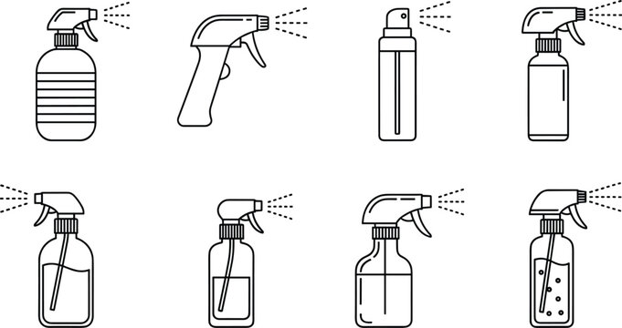 Spray bottle and cleaning dispenser icon set featuring trigger sprayers liquid containers and household tools outline vector illustration