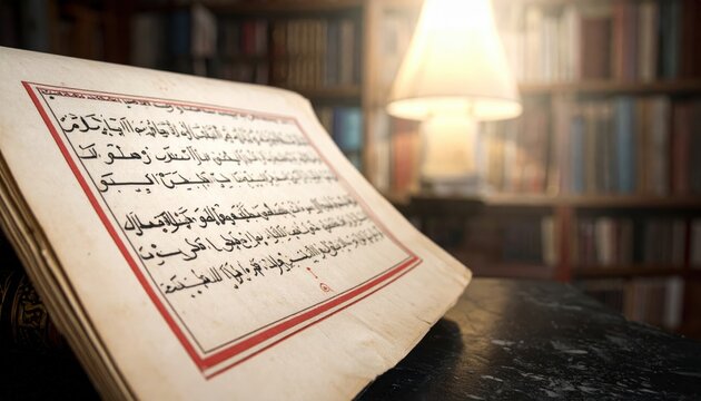 A well-preserved Coptic codex open to an elegantly handwritten page of ancient script, bathed in warm light from a nearby lamp in a library.