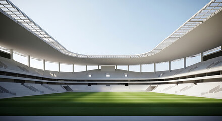 Fototapeta premium Spectacular view of a modern stadium with green field and blue sky