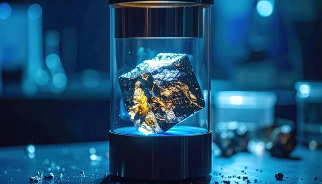 A small cube of reactive sodium metal glistening under inert gas within a transparent cylindrical container with blue illumination