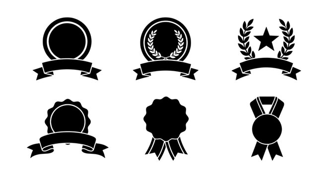 Vintage award ribbons and laurel wreath medals set, black silhouette trophy seals with banners, 6 premium quality vector badges for certificates