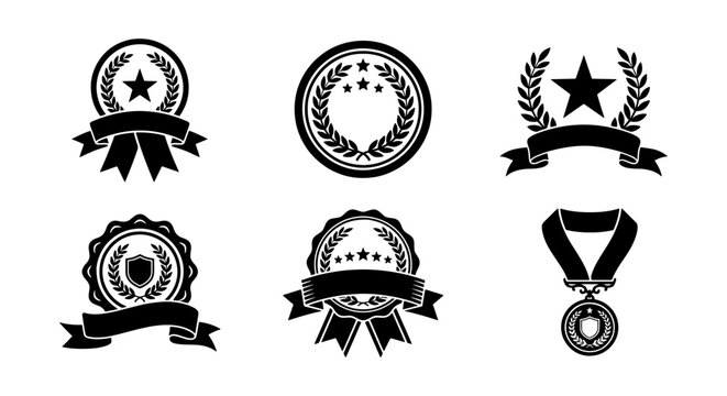 Vintage award badges and laurel wreaths set, black trophy medals with ribbons and stars, 6 vector seal icons for certification and achievement