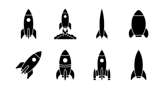 Minimalist rocket ship icon set, black silhouette spacecraft vector collection, 8 space shuttle launch symbols for business startup and technology projects