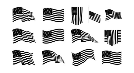 American flag vector icons set, black and white waving USA flags collection, patriotic United States national symbols for Fourth of July and Memorial Day © Anika