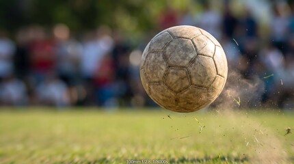 Fototapeta premium A soccer ball flies through the air on a green field during a sports event with spectators.