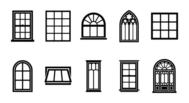 Architectural window icons set, 10 black line vector house window frames, classic and gothic building exterior elements for construction design