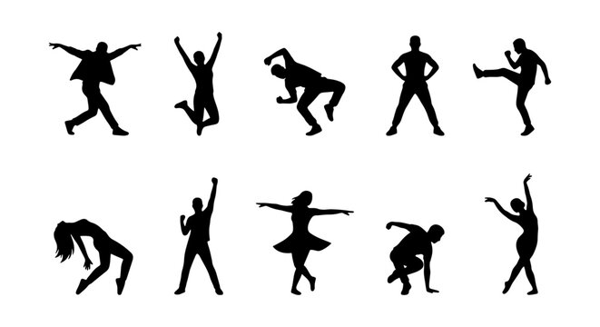 Dynamic dancer silhouettes set, 10 black vector figures in expressive poses, modern dance and hip hop performers, athletic people jumping and dancing