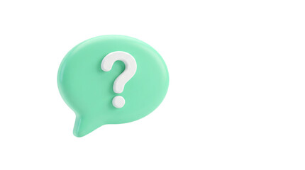 3D green speech bubble with white question mark symbolizing doubt and inquiry on plain background