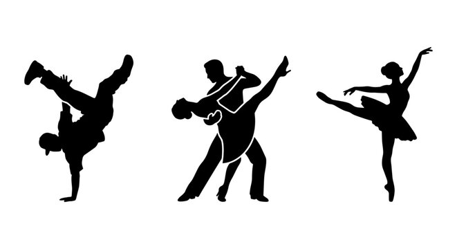 Black dance silhouettes set, breakdance ballroom and ballet dancer icons, professional performers in motion, minimalist vector dance collection