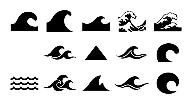 Ocean wave icon set with 14 black vector silhouettes, minimalist sea water ripple symbols, decorative surf and tide graphic elements for branding