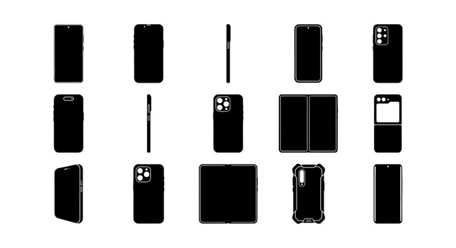 Minimalist smartphone silhouette icons, 15 mobile phone vector set, black cellphone mockups for UI design, modern digital device wireframes