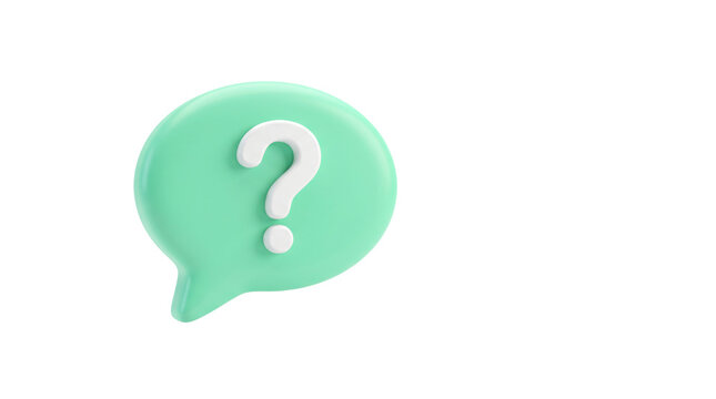 3D green speech bubble with white question mark symbolizing doubt and inquiry on plain background