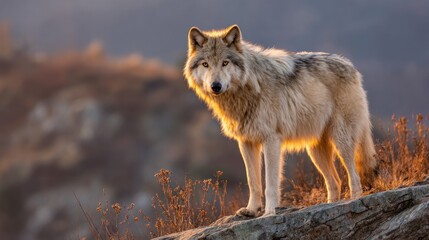 Fototapeta premium Majestic wolf standing on rock