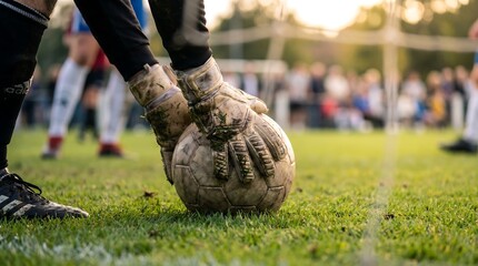 Soccer player holds dirty ball on green field with spectators